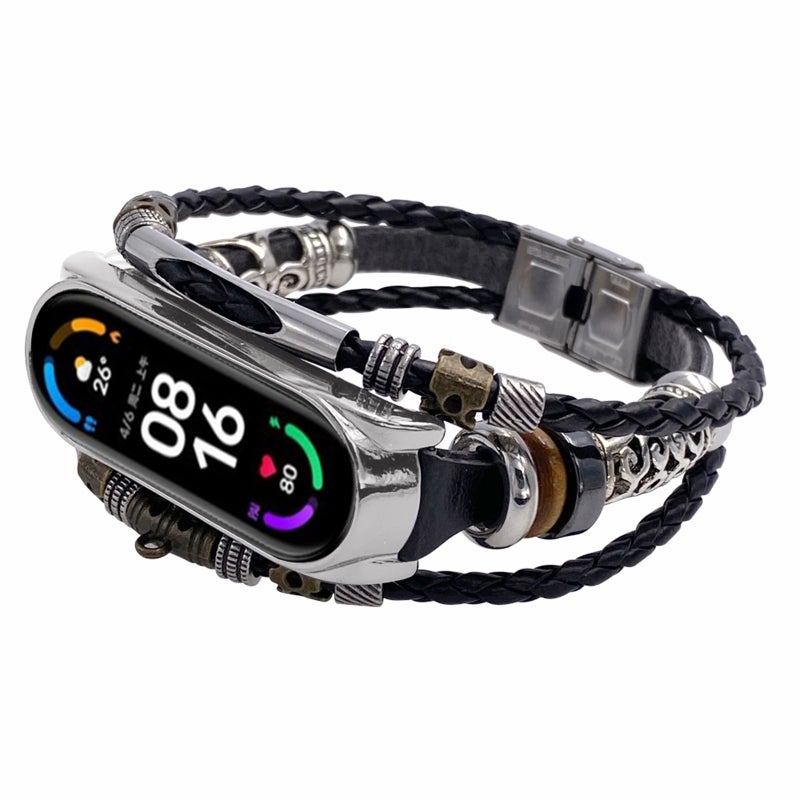 Retro Wrist Strap: Quality Leather & Metal Alloy Material, Skin-friendly Comfort, Adjustable Bead Decor - Compatible With Xiaomi Mi Band 6/6 NFC & 5 for Everyday Wear - Image 1