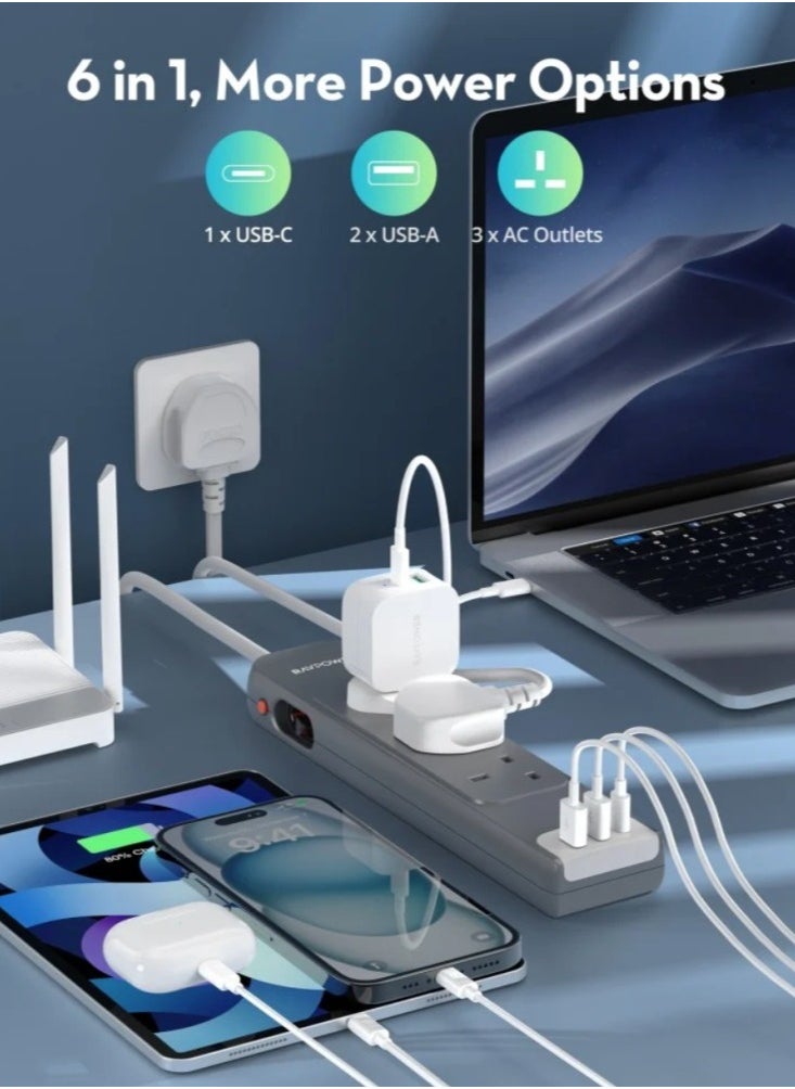3 Port Power Strip with 2 USB A Ports and 1 USB C Port 3m Grey