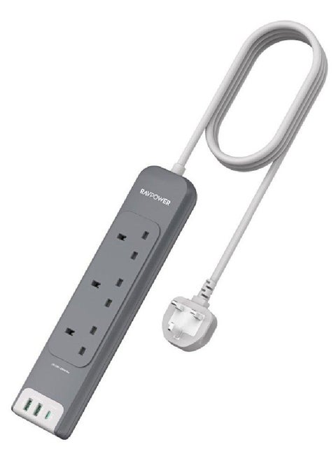 3 Port Power Strip with 2 USB A Ports and 1 USB C Port 3m Grey