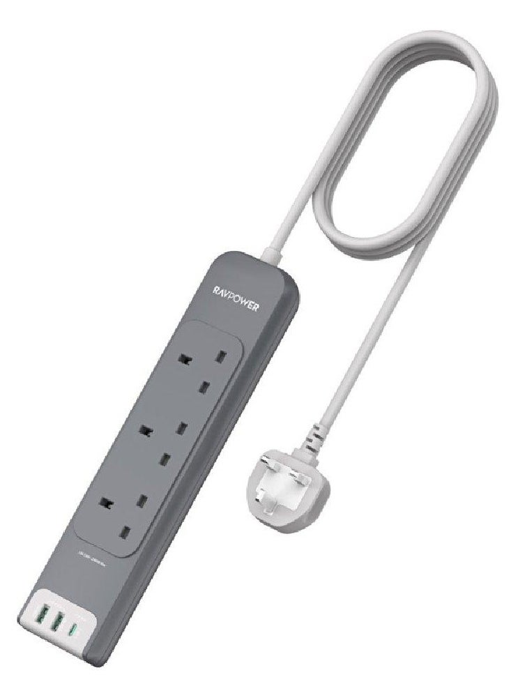 3 Port Power Strip with 2 USB A Ports and 1 USB C Port 3m Grey