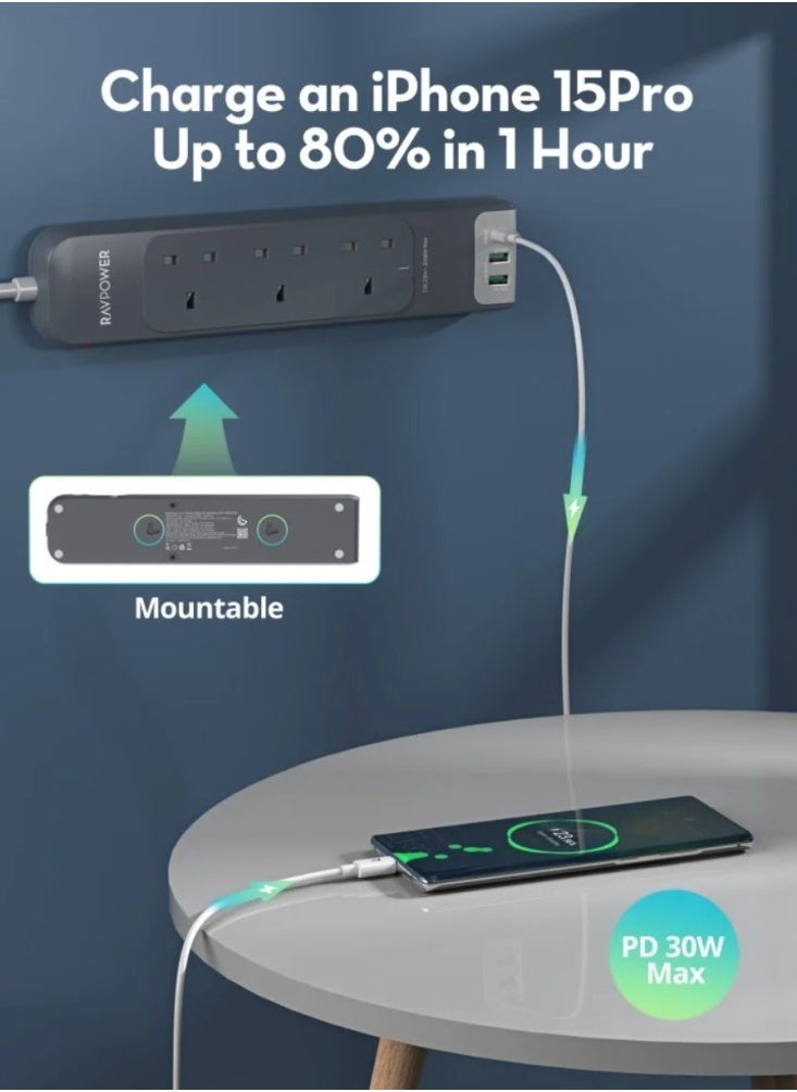 3 Port Power Strip with 2 USB A Ports and 1 USB C Port 3m Grey