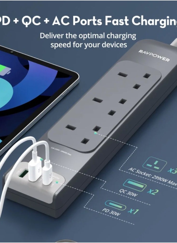 3 Port Power Strip with 2 USB A Ports and 1 USB C Port 3m Grey