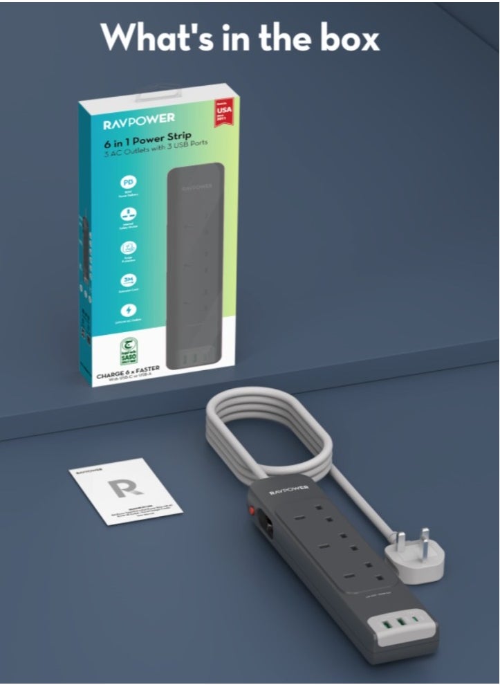 3 Port Power Strip with 2 USB A Ports and 1 USB C Port 3m Grey