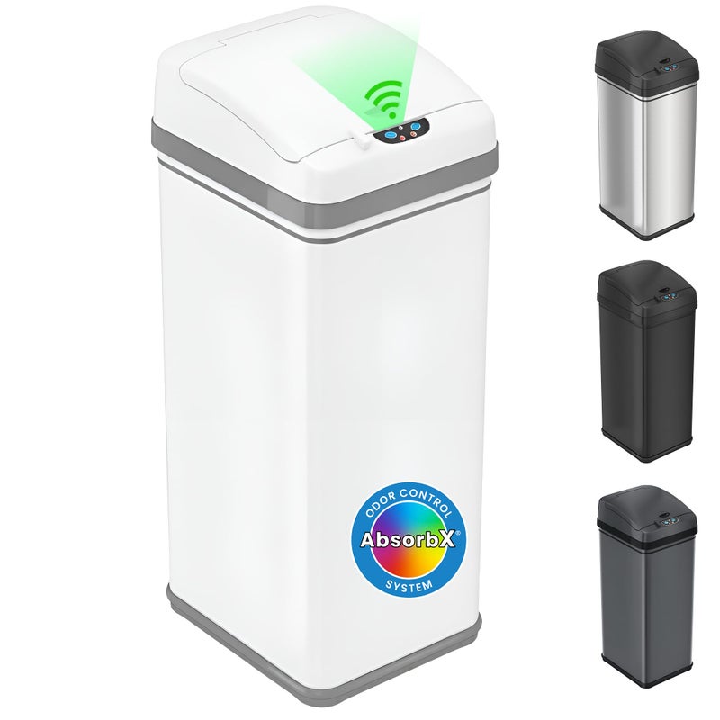 iTouchless 13 Gallon Motion Sensor Garbage Container with Odor Filter, 50L Touchless Stainless Steel Kitchen Bin, Smart Automatic Lid, Fingerprint-Proof, Pet-Safe Lock & Soft-Close, Brilliant White - Image 1