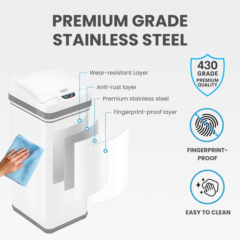 iTouchless 13 Gallon Motion Sensor Garbage Container with Odor Filter, 50L Touchless Stainless Steel Kitchen Bin, Smart Automatic Lid, Fingerprint-Proof, Pet-Safe Lock & Soft-Close, Brilliant White - Image 5