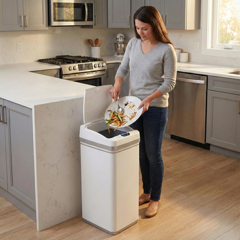 iTouchless 13 Gallon Motion Sensor Garbage Container with Odor Filter, 50L Touchless Stainless Steel Kitchen Bin, Smart Automatic Lid, Fingerprint-Proof, Pet-Safe Lock & Soft-Close, Brilliant White - Image 2