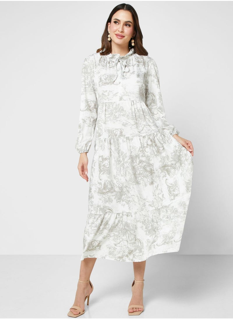 ELLA - Ruffled Neck Printed Dress - Image 1