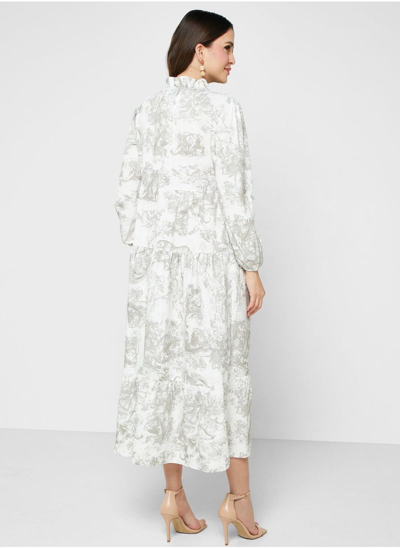 ELLA - Ruffled Neck Printed Dress - Image 1