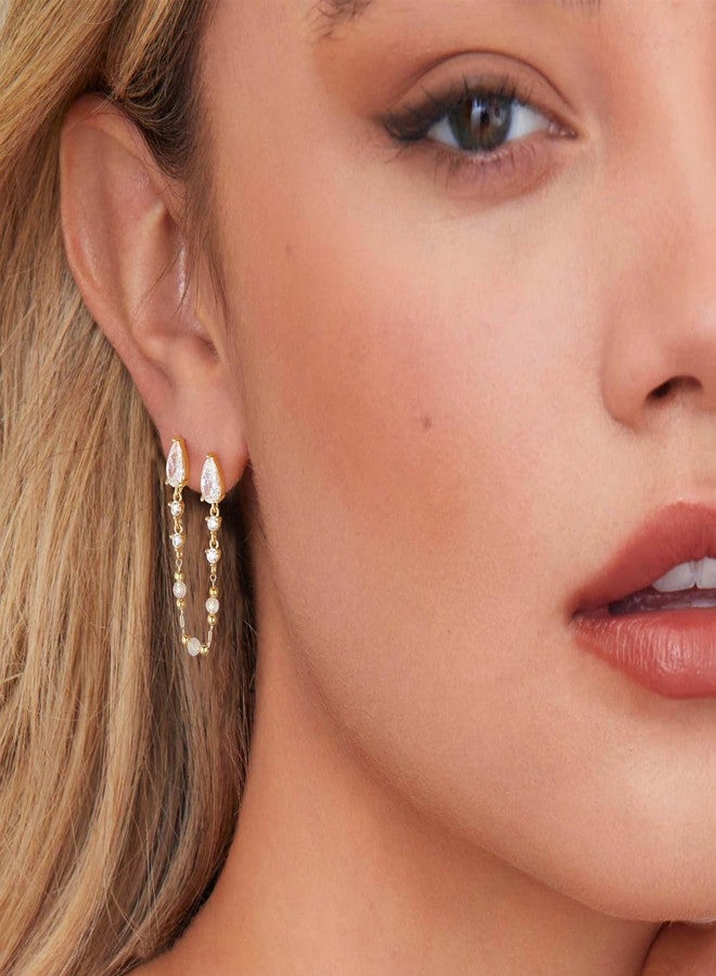 LOYATA Double Piercing Chain Earrings for Women-Dainty Gold Dangle Drop Earrings Trendy 14K Gold Plated CZ Hypoallergenic Long Chain Earring Weddings Jewelry Gifts for Women - Image 4