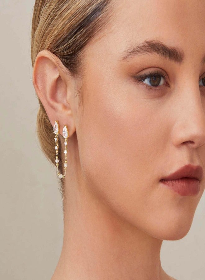 LOYATA Double Piercing Chain Earrings for Women-Dainty Gold Dangle Drop Earrings Trendy 14K Gold Plated CZ Hypoallergenic Long Chain Earring Weddings Jewelry Gifts for Women - Image 2