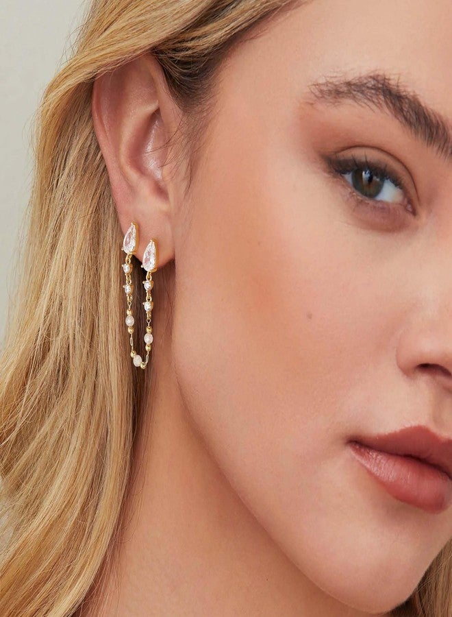 LOYATA Double Piercing Chain Earrings for Women-Dainty Gold Dangle Drop Earrings Trendy 14K Gold Plated CZ Hypoallergenic Long Chain Earring Weddings Jewelry Gifts for Women - Image 3