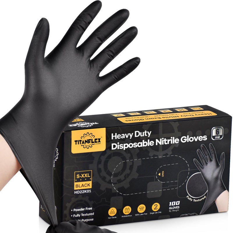 TitanFlex Heavy Duty Black Nitrile Gloves, 6-mil, Fully Textured, Large 100-ct Box, Mechanic Disposable Gloves, Work Gloves, Latex Free, Powder Free, Rubber Gloves for Food Prep - Image 1