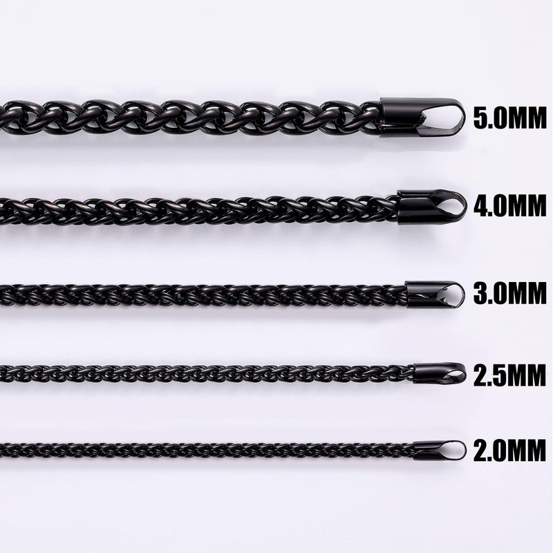 Fiusem Black Wheat Chains for Men and Women, 2mm Stainless Steel Necklace Chains, Mens Necklace 20 Inch - Image 2