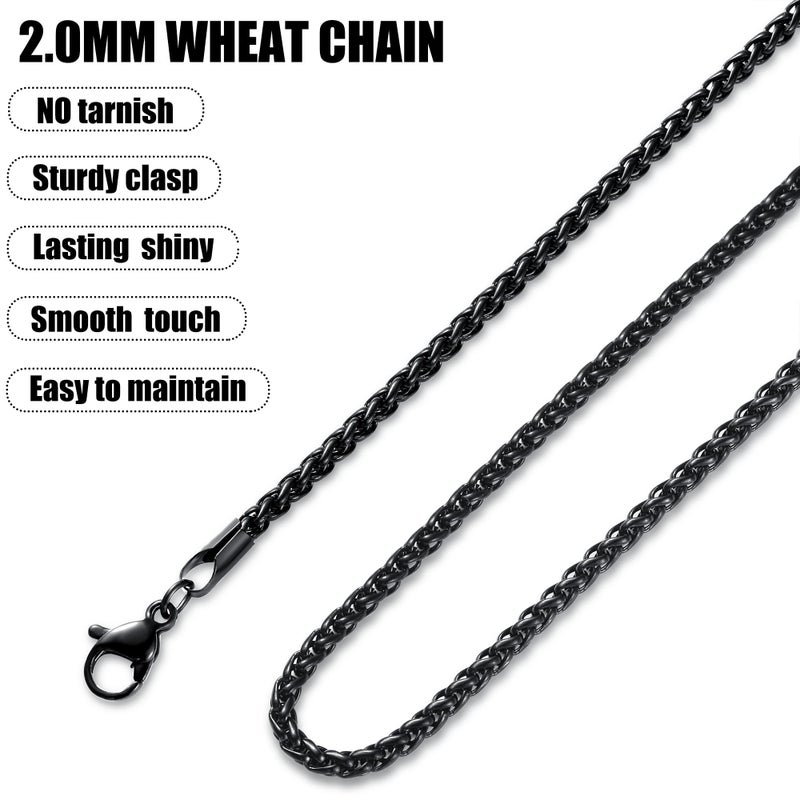 Fiusem Black Wheat Chains for Men and Women, 2mm Stainless Steel Necklace Chains, Mens Necklace 20 Inch - Image 5