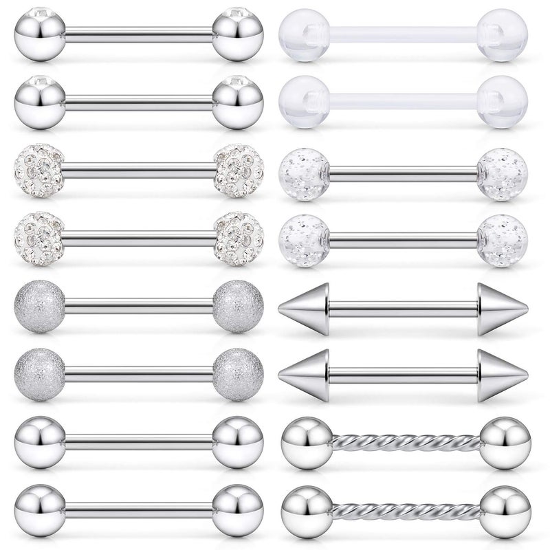 SCERRING 8 Pairs 14G Stainless Steel Clear CZ Nipple Ring Tongue Straight Barbell Rings Bars Retainer Body Piercing Jewelry for Women Men 9/16Inch Silver
