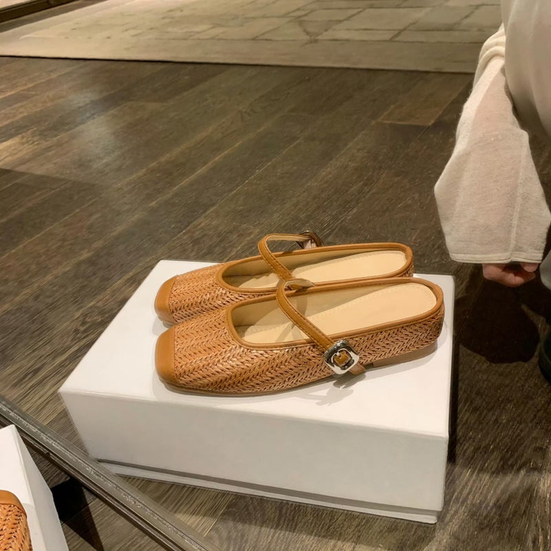 Grape Mom'S Same Style Height-Increasing 5Cm~ Vacation-Style Straw Square-Toe Sandals, Lazy Half-Slipper For Women In Summer - Image 5