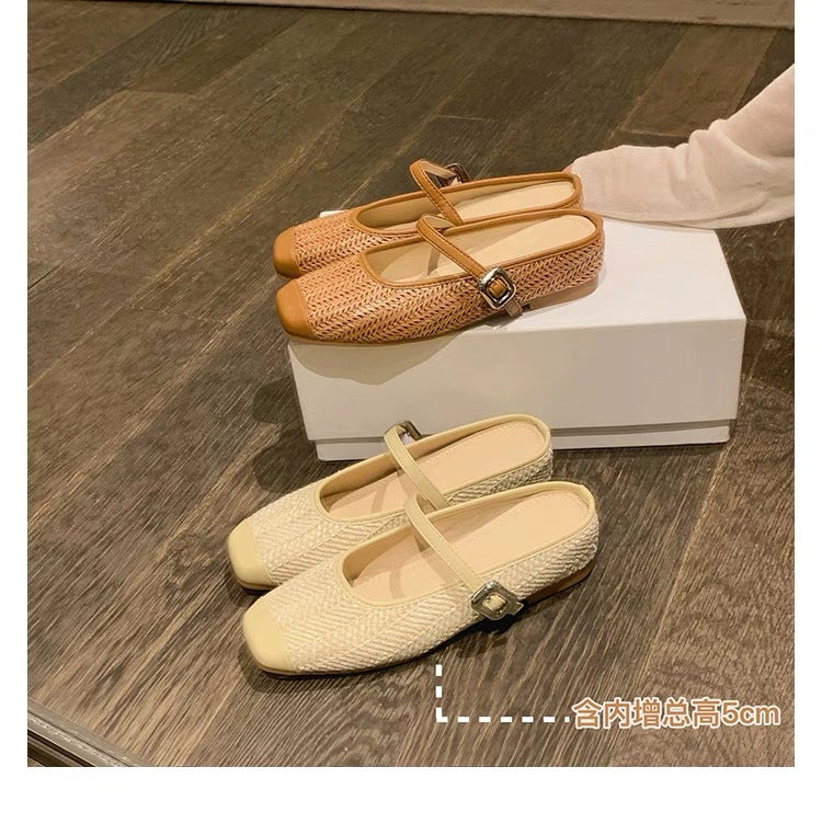 Grape Mom'S Same Style Height-Increasing 5Cm~ Vacation-Style Straw Square-Toe Sandals, Lazy Half-Slipper For Women In Summer - Image 2