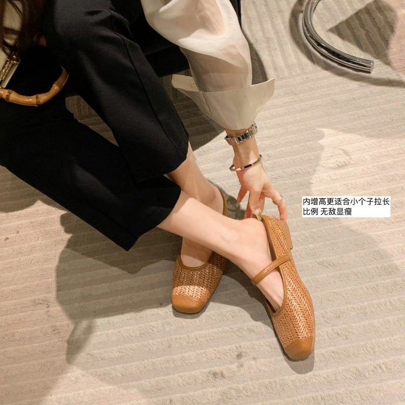 Grape Mom'S Same Style Height-Increasing 5Cm~ Vacation-Style Straw Square-Toe Sandals, Lazy Half-Slipper For Women In Summer - Image 3