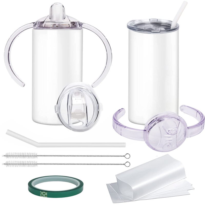 Rommeka Sublimation Blanks Skinny Sippy Cups, 12oz Spill Proof Stainless Steel Insulated Tumbler with Lid and Straw, Double Wall Water Bottle with Handle for Kids and Children - Image 1