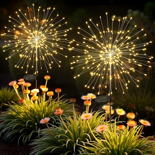 SUNCKET Solar Lights Outdoor, 120LED 2pack Fairy Garden Lights Decor for Outside Fireworks Lights Solar Powered for Yard, Patio, Pathway, Walkway, Balcony, Warm White - Image 1