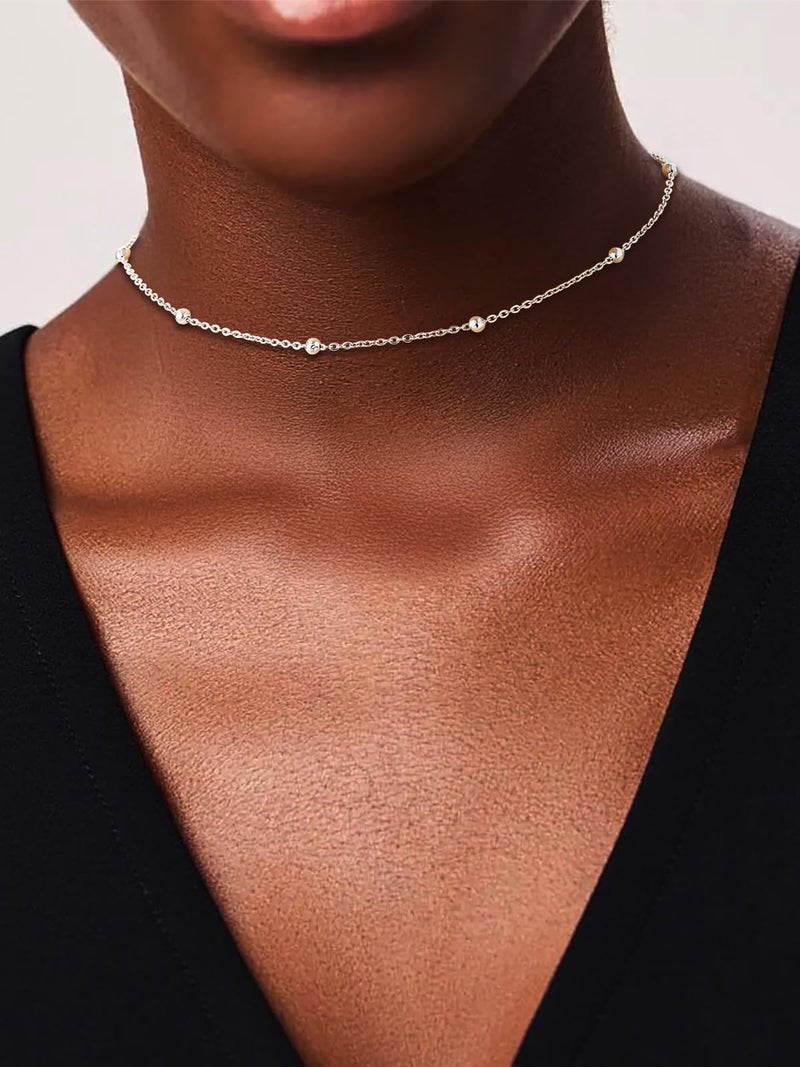FOCALOOK Silver Choker Necklaces for Women, Dainty Cute Stainless Steel Beaded Chain Necklace, Minimalist Satellite Choker Chain - Image 2