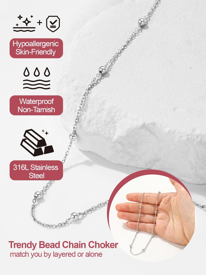 FOCALOOK Silver Choker Necklaces for Women, Dainty Cute Stainless Steel Beaded Chain Necklace, Minimalist Satellite Choker Chain - Image 3