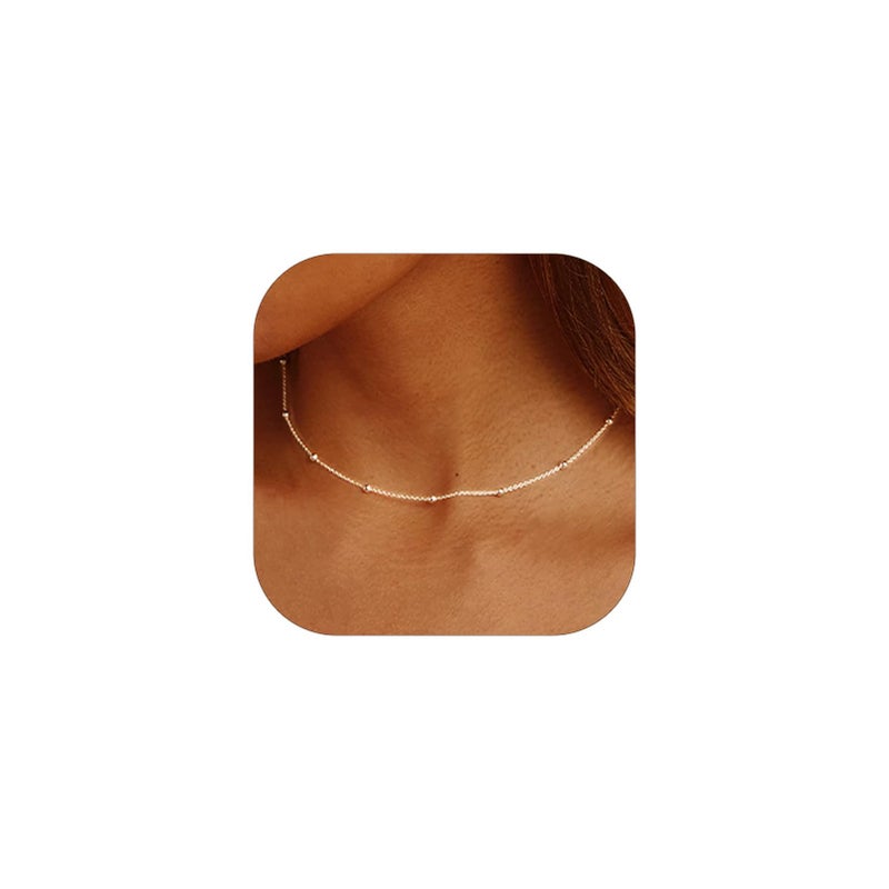 FOCALOOK Silver Choker Necklaces for Women, Dainty Cute Stainless Steel Beaded Chain Necklace, Minimalist Satellite Choker Chain - Image 1