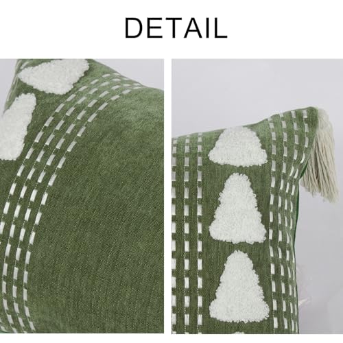 RinRinfam Boho Tree Tufted Lumbar Throw Pillow Cover 12x 20 with Tassels, Embroidered Chenille Pillow Cases, Farmhouse Accent Bedroom Decor for Outdoor Couch Bedroom Car, Olive Green - Image 2