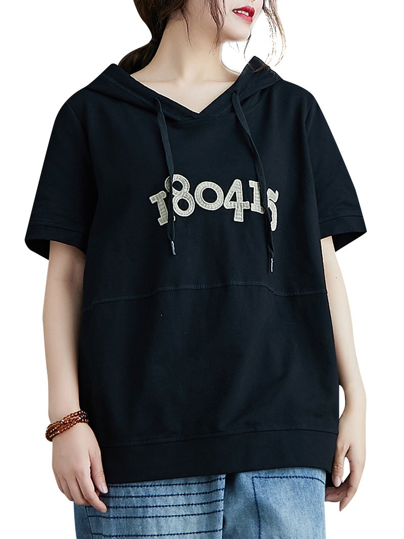 Women Loose Hoodie Short Sleeved Numbers Embroidery T-Shirts - Image 1