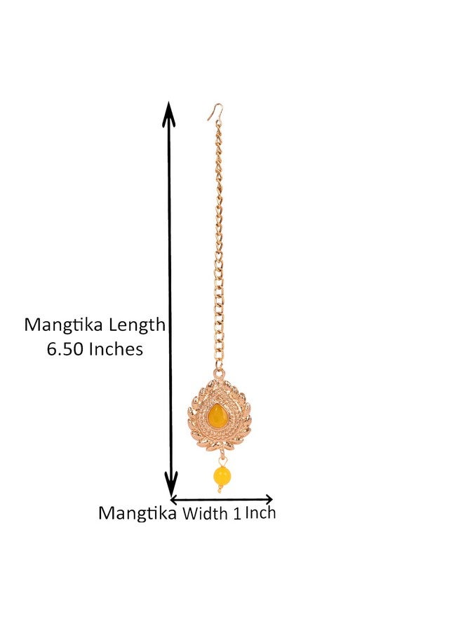 Touchstone New! Touchstone Indian Bollywood Traditional Grain Work Petals Patterns Studded Diamond Look Faux Yellow Sapphire Designer Jewelry Mangtika Accessory in Antique Gold Tone for Women. - Image 3
