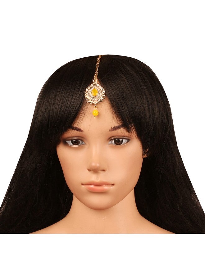 Touchstone New! Touchstone Indian Bollywood Traditional Grain Work Petals Patterns Studded Diamond Look Faux Yellow Sapphire Designer Jewelry Mangtika Accessory in Antique Gold Tone for Women. - Image 2