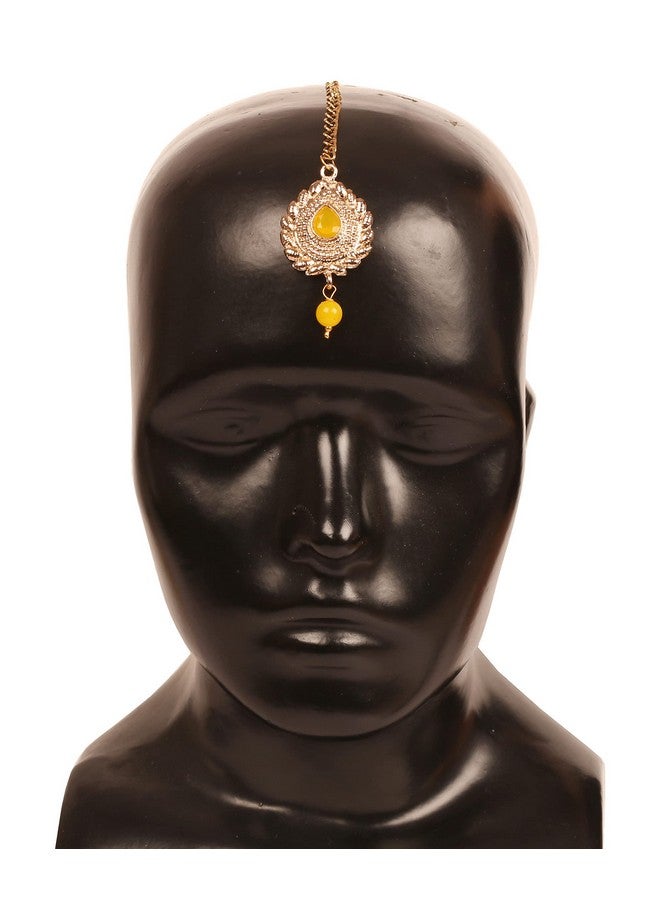 Touchstone New! Touchstone Indian Bollywood Traditional Grain Work Petals Patterns Studded Diamond Look Faux Yellow Sapphire Designer Jewelry Mangtika Accessory in Antique Gold Tone for Women. - Image 5