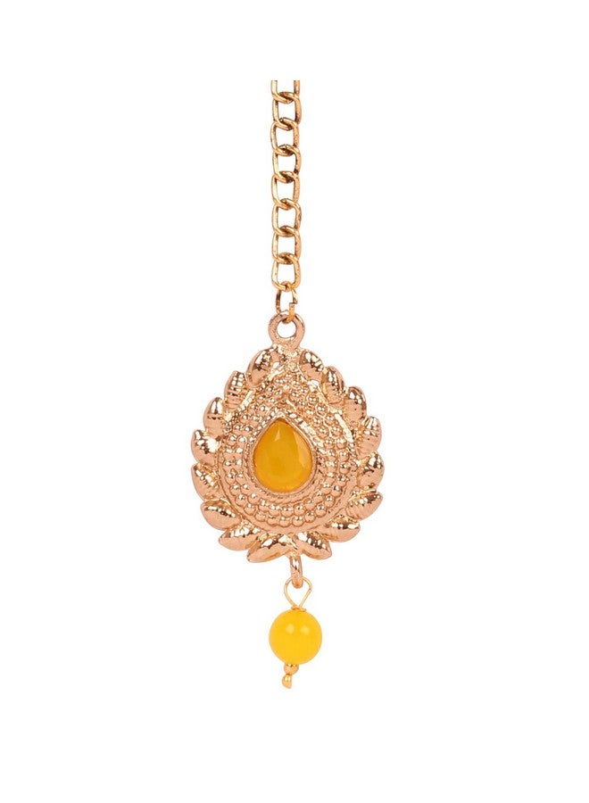 Touchstone New! Touchstone Indian Bollywood Traditional Grain Work Petals Patterns Studded Diamond Look Faux Yellow Sapphire Designer Jewelry Mangtika Accessory in Antique Gold Tone for Women. - Image 1