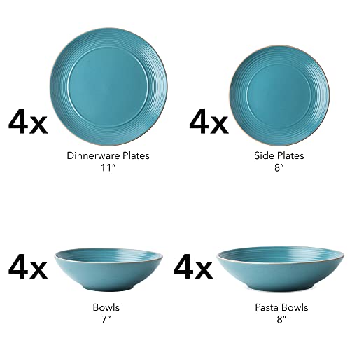 Arora RINGAR Round Stoneware 16pc Double Bowl Dinnerware Set for 4, Dinner Plates, Side Plates, Cereal Bowls, Pasta Bowls - Speckle Matte Turquoise (428525) - Image 3