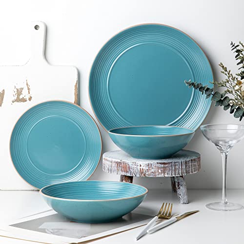Arora RINGAR Round Stoneware 16pc Double Bowl Dinnerware Set for 4, Dinner Plates, Side Plates, Cereal Bowls, Pasta Bowls - Speckle Matte Turquoise (428525) - Image 4