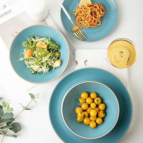 Arora RINGAR Round Stoneware 16pc Double Bowl Dinnerware Set for 4, Dinner Plates, Side Plates, Cereal Bowls, Pasta Bowls - Speckle Matte Turquoise (428525) - Image 5