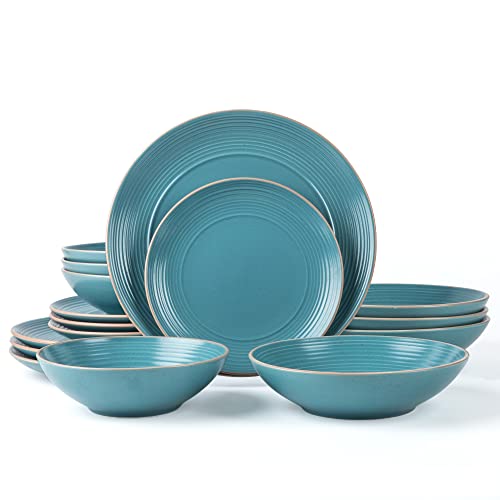 Arora RINGAR Round Stoneware 16pc Double Bowl Dinnerware Set for 4, Dinner Plates, Side Plates, Cereal Bowls, Pasta Bowls - Speckle Matte Turquoise (428525) - Image 1