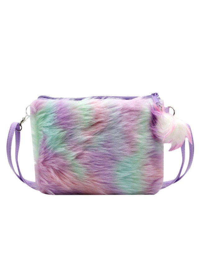 Kids Girls Fluffy Crossbody Plush Tie Dye Rainbow Shoulder Bag Handbag - Image 3