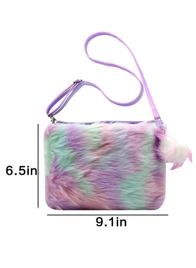 Kids Girls Fluffy Crossbody Plush Tie Dye Rainbow Shoulder Bag Handbag - Image 5