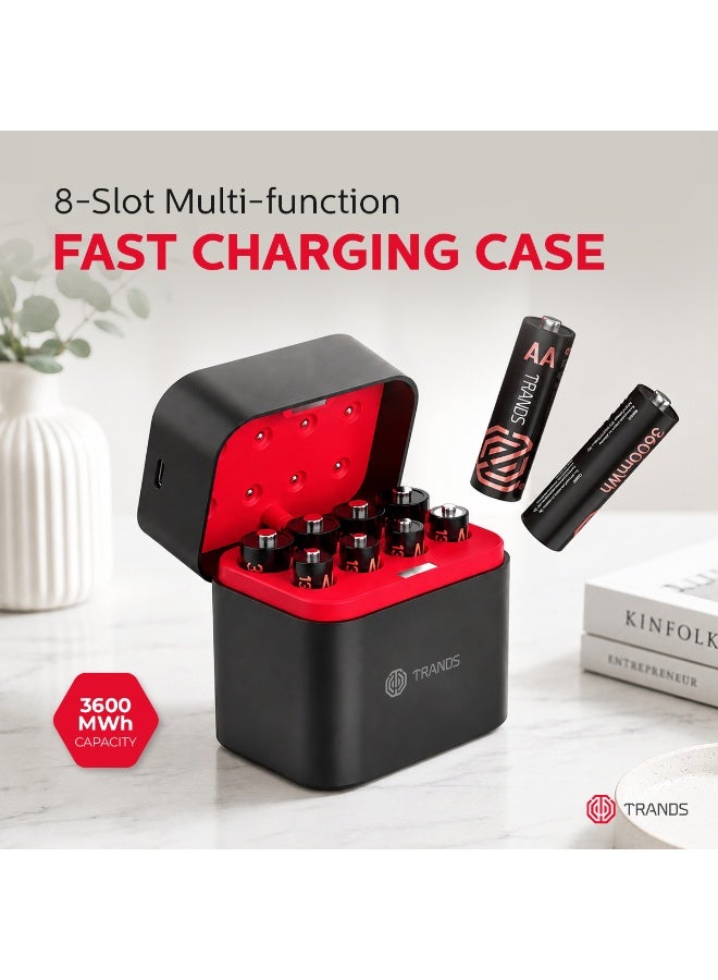 Trands Octopower Rechargeable Lithium Batteries Set with 8-Slot Charging Case (Includes 4x AA & 4x AAA Batteries), 1.5V High Power, 3600MWh, Fast USB-C Charging, Smart LED Display – Black - Image 3
