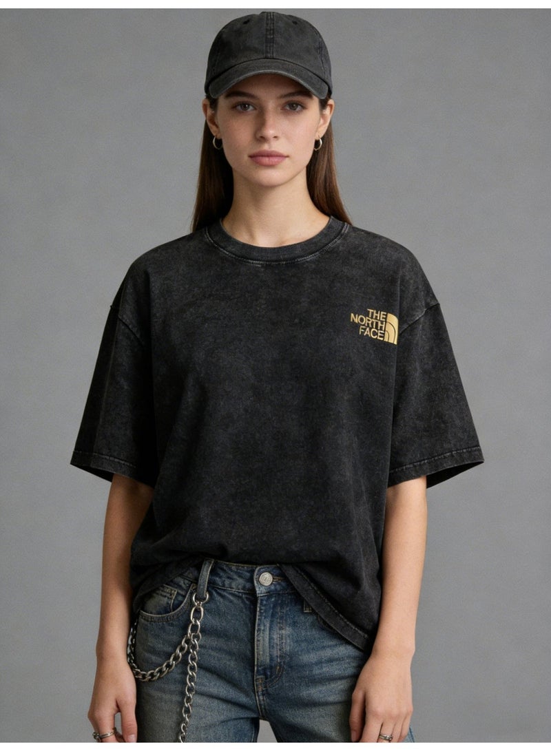 THE NORTH FACE 2026 The North Face retro washed unisex T-shirt, high-grade cotton loose short sleeves with gold logo, retro street clothes for men and women. - Image 2