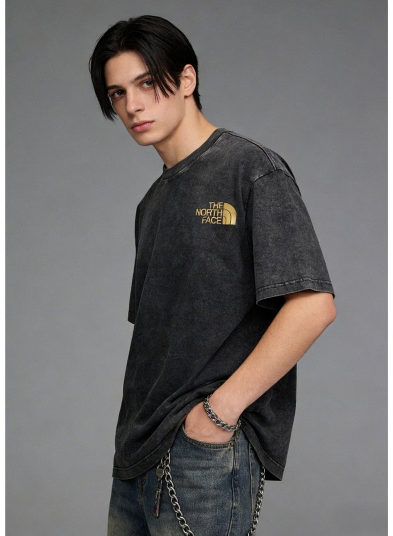 THE NORTH FACE 2026 The North Face retro washed unisex T-shirt, high-grade cotton loose short sleeves with gold logo, retro street clothes for men and women. - Image 1