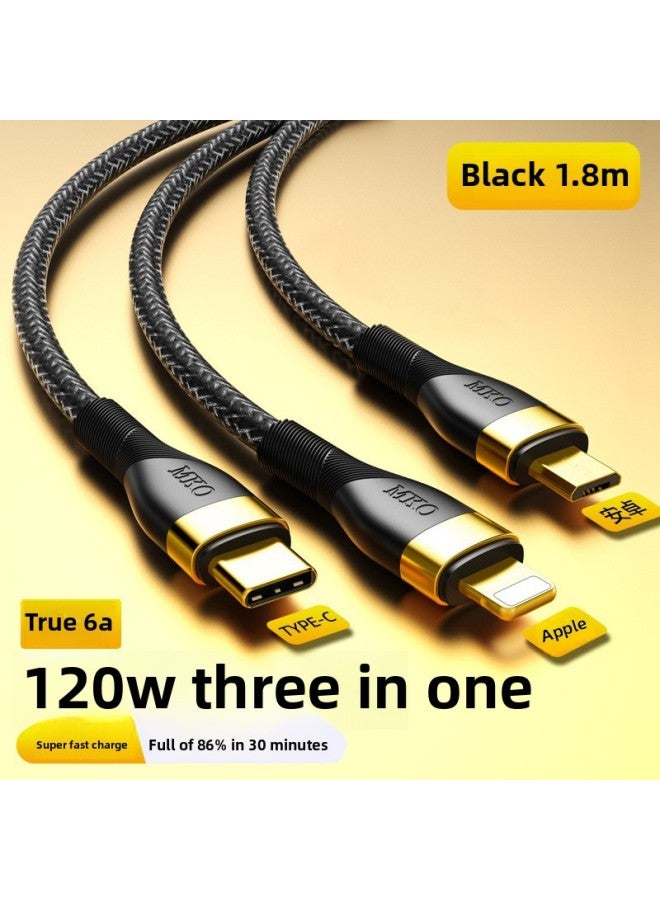 Data Cable Three-in-one Charging Cable 66W Mobile Phone Super Fast Charging 120W One-on-three 6A Suitable For Apple China-Color:Black 1.8m 【120w Super Fast Charge】 2 Pack