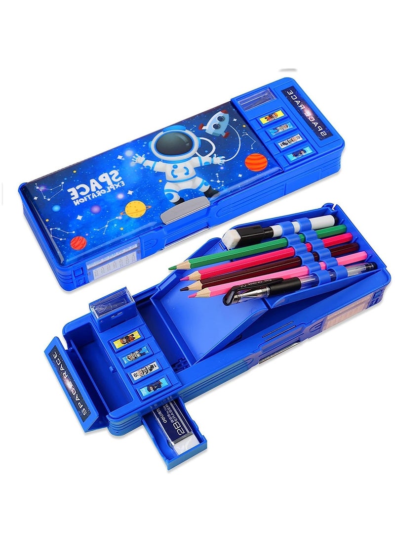 Generic Pop Up Multifunction Pencil Case for Girls and Boys, Pencil Case, Pencil Box for Kids, Pen Box Organizer with Compartments, Sharpener, Schedule, School Supplies, , Pencil Case for Kids, Cute Cartoon Pen Box Organizer Stationery , Kids Astronaut Space Pen Box Bag, Pencil Holder, School Supplies, Best Birthday Gifts for Kids, Pen Box Bag Pencil Holder for School Students, Pencil Case for for School ,Cute Pencil box for Boys with Sharpener (Blue)  - Image 1