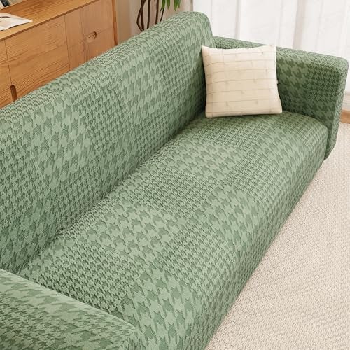 Lukzer 4 Seater Sofa Cover - Pastel Green Square Knit Pattern | 240 GSM Universal Textured Jacquard Fabric Elastic Couch Protector | Washable Sofa Cover for Living Room | (230-300cm/SC-174-04) - Image 1