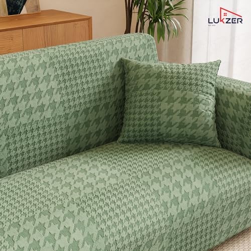 Lukzer 4 Seater Sofa Cover - Pastel Green Square Knit Pattern | 240 GSM Universal Textured Jacquard Fabric Elastic Couch Protector | Washable Sofa Cover for Living Room | (230-300cm/SC-174-04) - Image 5