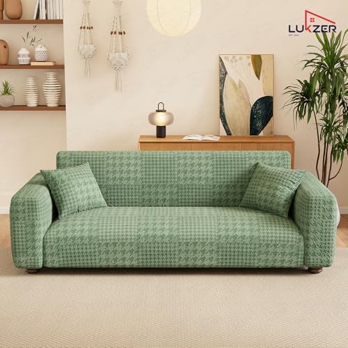 Lukzer 4 Seater Sofa Cover - Pastel Green Square Knit Pattern | 240 GSM Universal Textured Jacquard Fabric Elastic Couch Protector | Washable Sofa Cover for Living Room | (230-300cm/SC-174-04) - Image 4