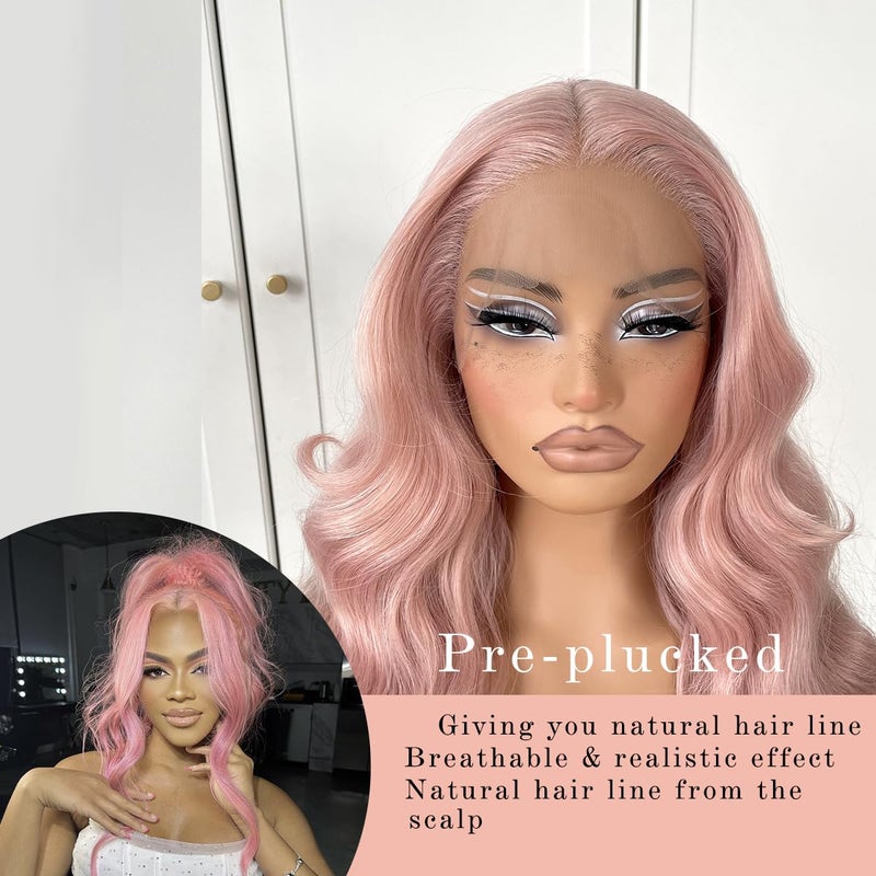 MITIMES Pink Wigs Glueless HD Lace Front Wigs Pre Plucked Synthetic Body Wave Wear And Go Lace Front Wig For Cosplay Party Light Pink Wig With Natural Hairline For Fashion Women - Image 5