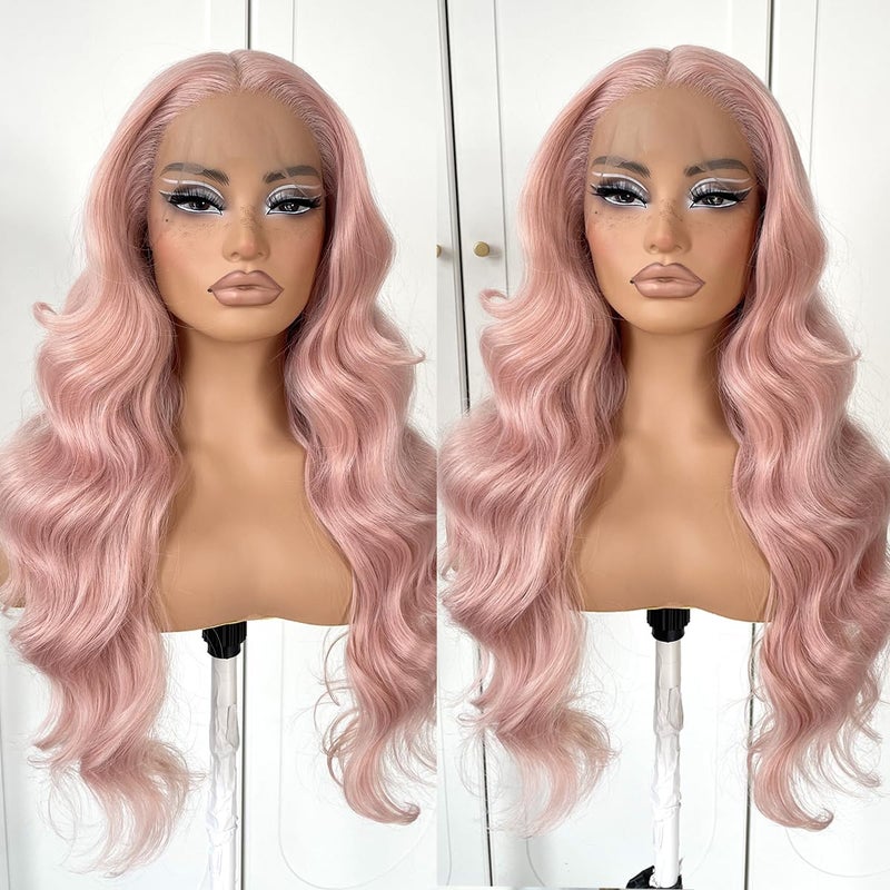 MITIMES Pink Wigs Glueless HD Lace Front Wigs Pre Plucked Synthetic Body Wave Wear And Go Lace Front Wig For Cosplay Party Light Pink Wig With Natural Hairline For Fashion Women - Image 1