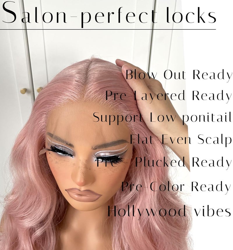 MITIMES Pink Wigs Glueless HD Lace Front Wigs Pre Plucked Synthetic Body Wave Wear And Go Lace Front Wig For Cosplay Party Light Pink Wig With Natural Hairline For Fashion Women - Image 4